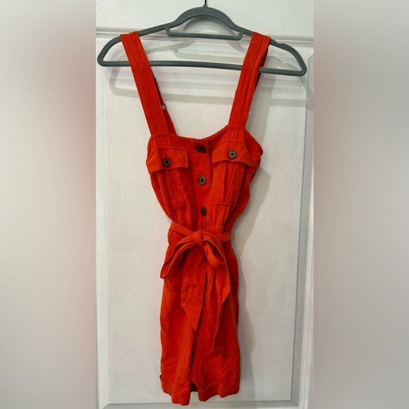 Urban Outfitters | SizeSmall Orange Linen Blend Sleeveless Belted Romper - Picture 2 of 4
